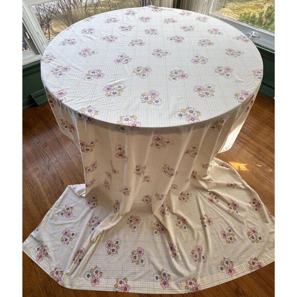 Vintage 70s top/flat sheet, small pink poppy flowers, checkered, twin size - Picture 2 of 8